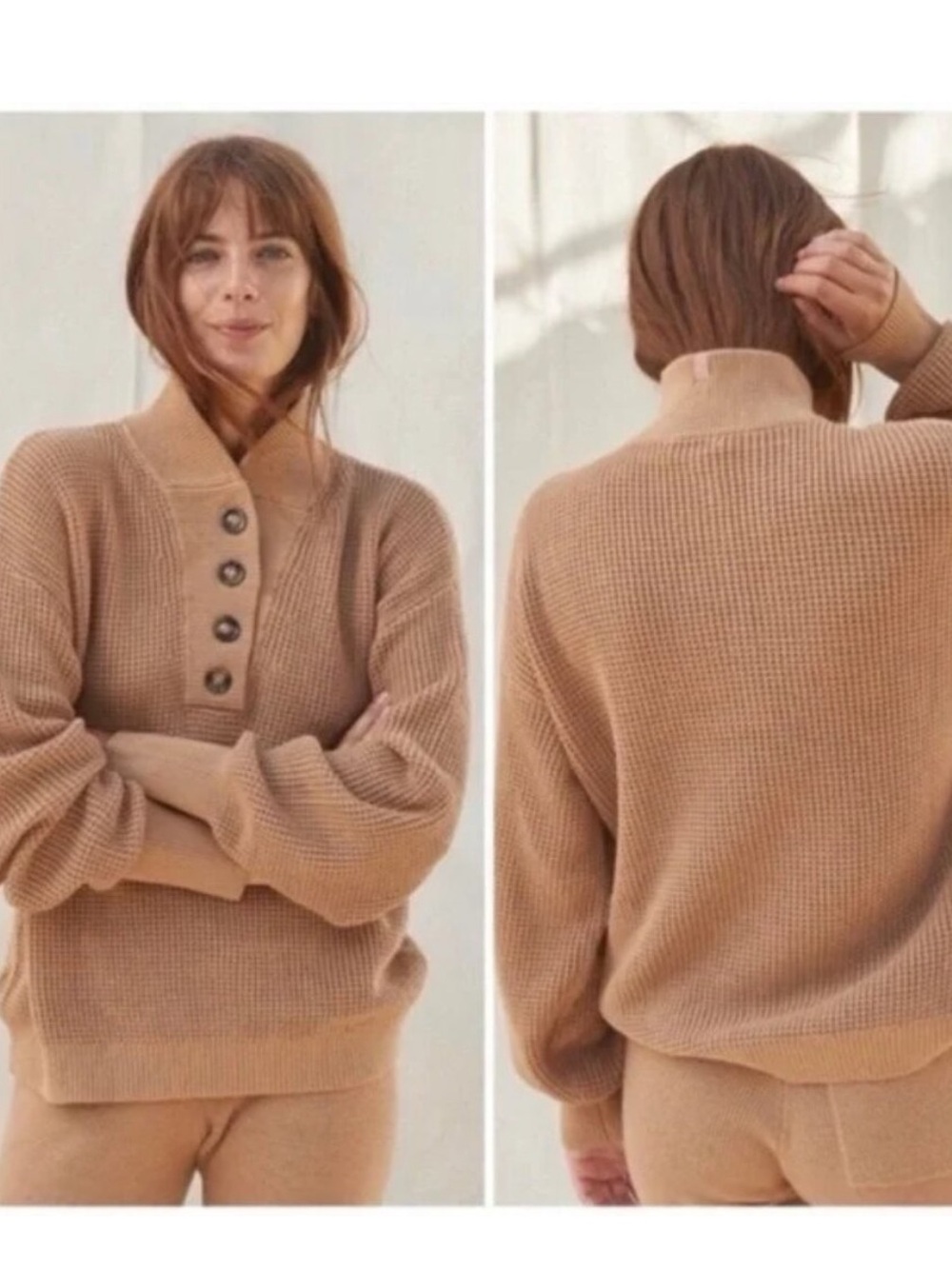 lunya Button-Placket Scoop Neck Sweater - Tan